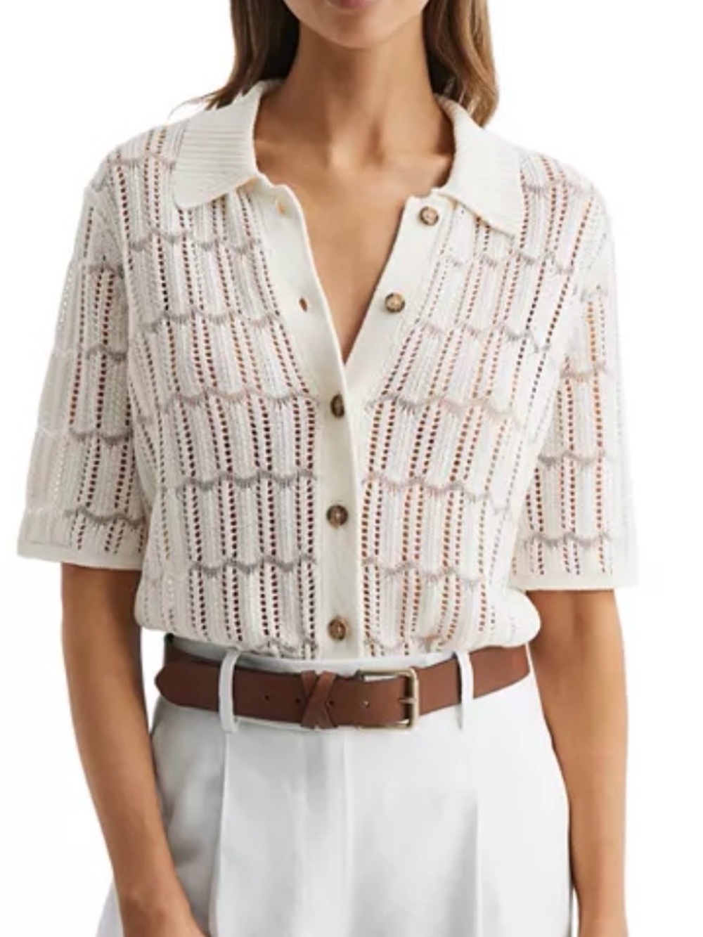 Reiss Cream Open-Knit Short Sleeve Button-Front Top skirt
